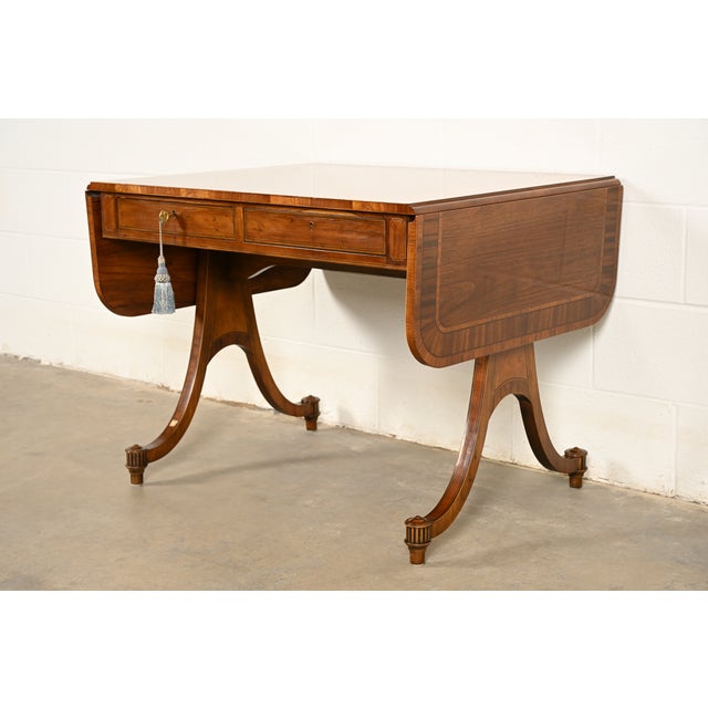 Baker Furniture Regency Inlaid Yew Wood Writing Desk or Console Table, Circa 1980s For Sale - Image 17 of 17