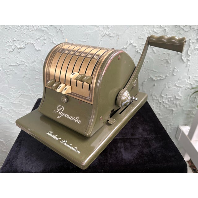 Industrial Vintage Paymaster Check Writer & Protector Machine, Industrial Olive Green Metal, Mid-Century Office Decor For Sale - Image 3 of 12