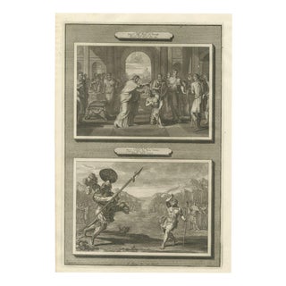 Pieter Mortier, Samuel Anoints David and David Slays Goliath, 1700, Engraving For Sale