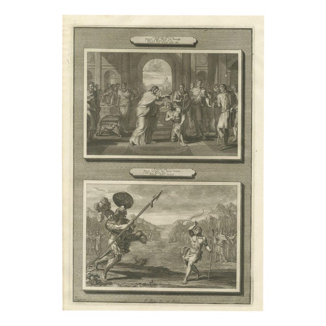 Pieter Mortier, Samuel Anoints David and David Slays Goliath, 1700, Engraving For Sale