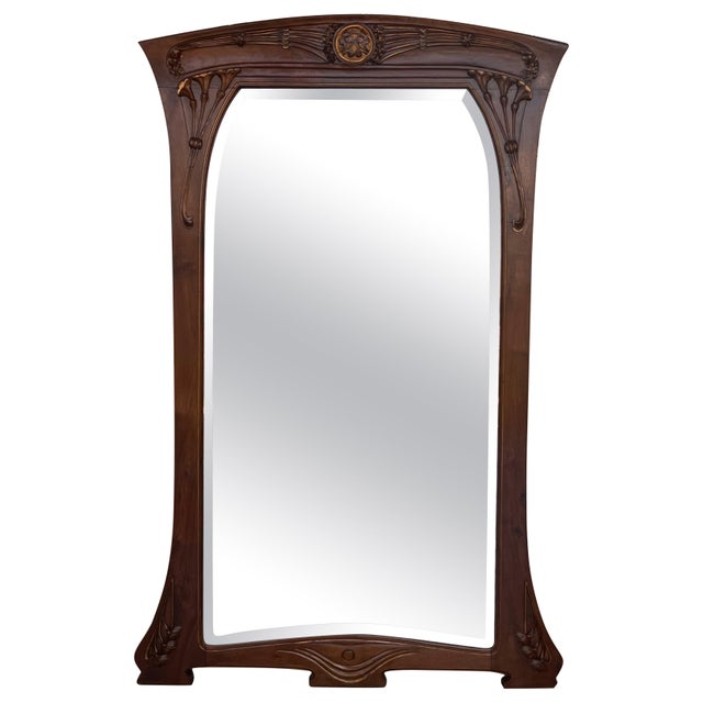 French Art Nouveau Carved Wood l Mantle Wall Mirror Glass Embossed For Sale - Image 15 of 18