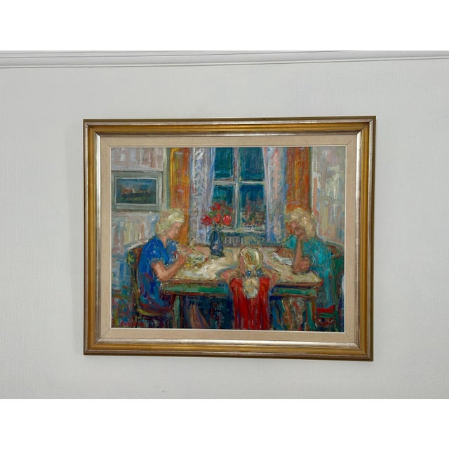 Original Swedish Oil on Canvas – “Family” by Eric with – Vintage & Framed – 75 × 91 cm (29.5" × 35.8") A mid‑century...