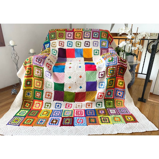 Boho Chic Granny Square Cotton Cottagecore Rainbow Afghan For Sale - Image 3 of 12