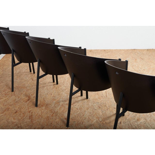Costes Chair Set in Black Lacquered Tubular Steel Frame, Molded Plywood Seat and Leather by Philippe Starck, 1984, Set of 6 For Sale - Image 6 of 17