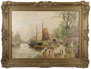 R. Hornemann, Flower Market on the Canal in Amsterdam, 1900s, Oil on Canvas