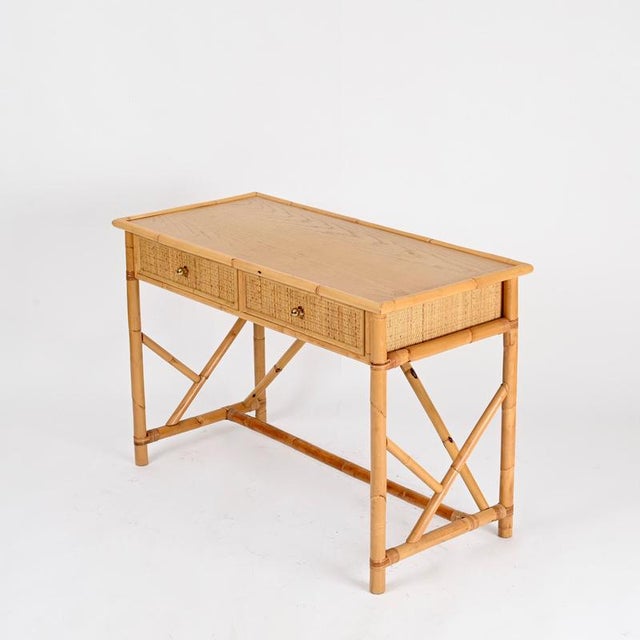 French Riviera Desk with Drawers in Rattan, Oak, Wicker, and Brass, Italy, 1970s For Sale - Image 3 of 14