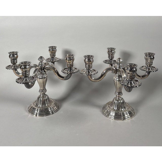 Pair of solid 950 silver candelabra. In the 18th-century Louis XVI style. Minerva hallmarks (first standard). Second half...