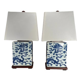 Contemporary Ralph Lauren Blue and White Petite Square Lamps With Dragon Design and Square Fabric Shades, a Pair For Sale