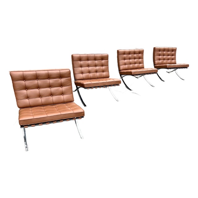 Set of 4 Vintage Knoll Barcelona Chairs by Mies Van Der Rohe Brown Leather Lounge Mid-Century For Sale