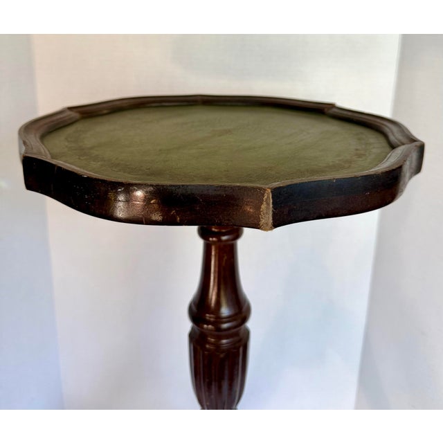 Wood Vintage English Embossed Leather Tripod Wine Drinks Table For Sale - Image 7 of 9