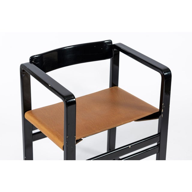 Black Mid Century Modern Black Lacquer and Brown Leather Arm Chairs 1970s For Sale - Image 8 of 15