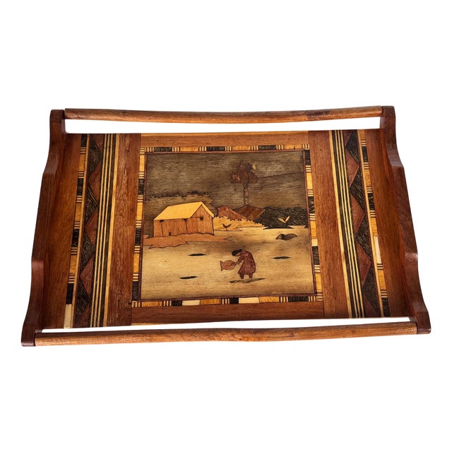 French Wooden Marquetry Tray with Craftwork Winter Scene, 1950s For Sale