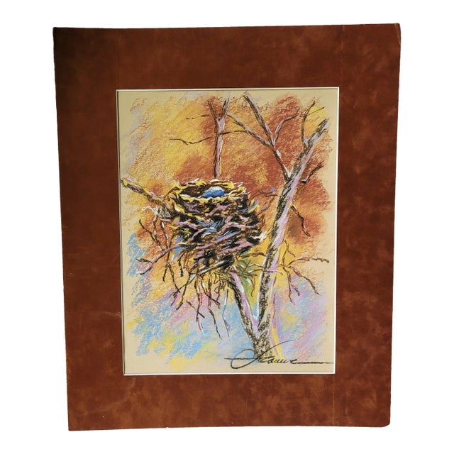 Original Pastel Drawing of Birds Nest in Tree Branch Signed Matted Unframed For Sale