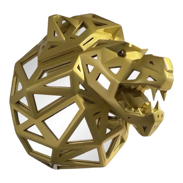 Handcrafted Gold Lion Sculpture Oak and Mirror Contemporary Art For Sale