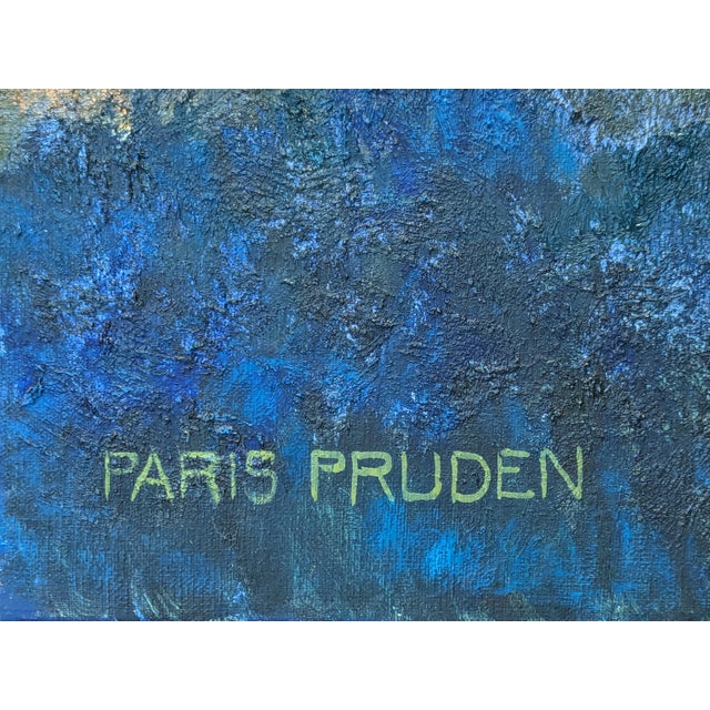Soft blue and green naturalistic landscape painting by Houston based artist Nancy Paris Pruden. The work features a serene...