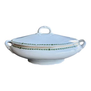 Antique Oval Tureen and Lid Pottery White With Green Floral L Straus & Sons Marked 1844 For Sale