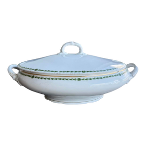 Antique Oval Tureen and Lid Pottery White With Green Floral L Straus & Sons Marked 1844