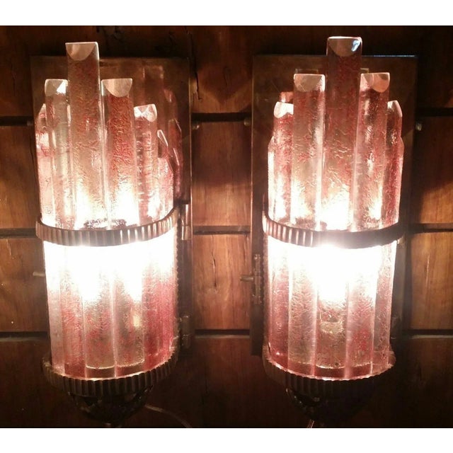 Pair Skyscraper Art Deco Metro Light Wall Sconces Copper Red Cameo Glass Ship Lamp Light Antique Excellent Working...