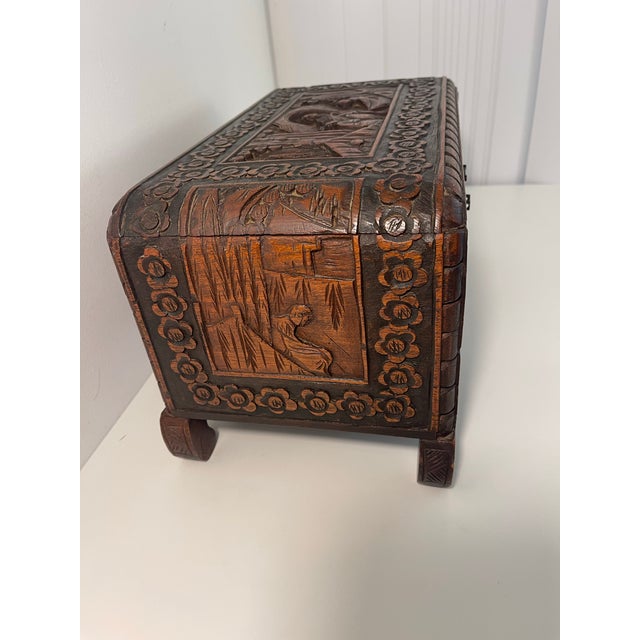 1950s Hand-Carved Solid Camphor Wood Footed Treasure Chest - Hong Kong Export For Sale - Image 4 of 11