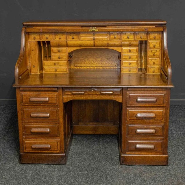 Edwardian Oak Roll Top Desk For Sale - Image 11 of 11