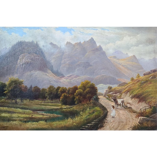Original antique oil painting of a pastoral landscape in the Borrowdale valley of Cumberland, England. The medium is oil...