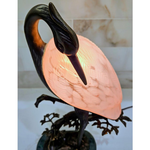 1996 Tin Chi Heron Art Glass Lamp for Andrea by Sadek on Green Marble Base For Sale - Image 9 of 14