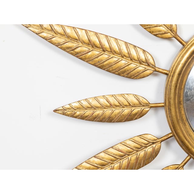 Mid 20th Century Midcentury French Sunburst Wall Mirror with Leafy Décor and Convex Plate For Sale - Image 5 of 8