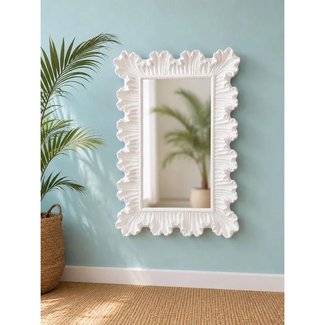 Vintage 1980s Wall Mirror made of a fiberglass / resin type material white in color with gloss surface carved look wire...