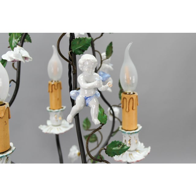 Black Rococo Style Porcelain and Metal 3-Light Chandelier with Cherub, 1970s For Sale - Image 8 of 18