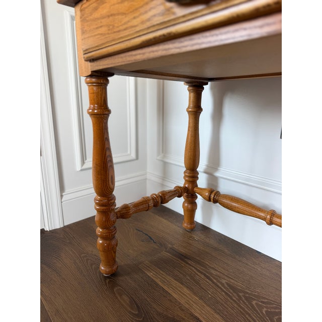 Vintage American Drew Oak Parquet Top Console Sofa Table With Turned Legs For Sale - Image 9 of 18