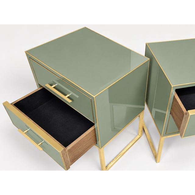 Sage Green Murano Glass Nightstands with Brass Frames from Justfurnituress SRL, Set of 2 For Sale - Image 4 of 8