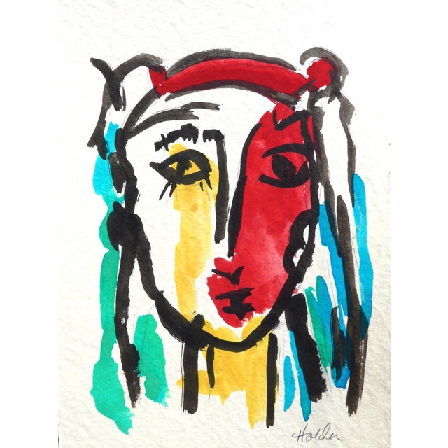 Contemporary Cubist Face Contemporary Watercolor on Paper For Sale - Image 3 of 7