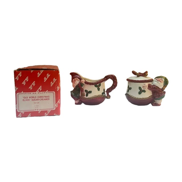 American 1989 Fitz and Floyd "Old World Christmas Elves" Sugar and Creamer Set in Original Box For Sale - Image 3 of 5