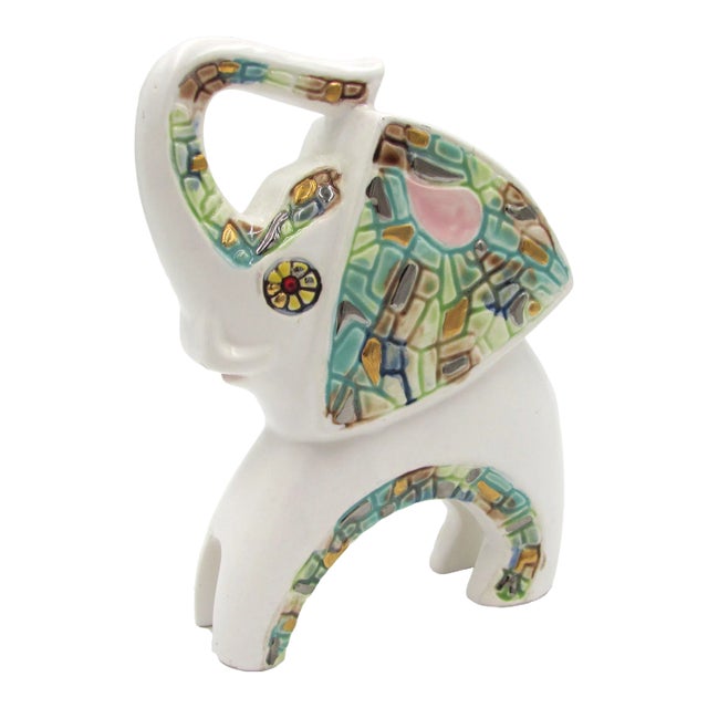 Vintage Boho Ceramic Mosaic Elephant Trunk Up Planter For Sale