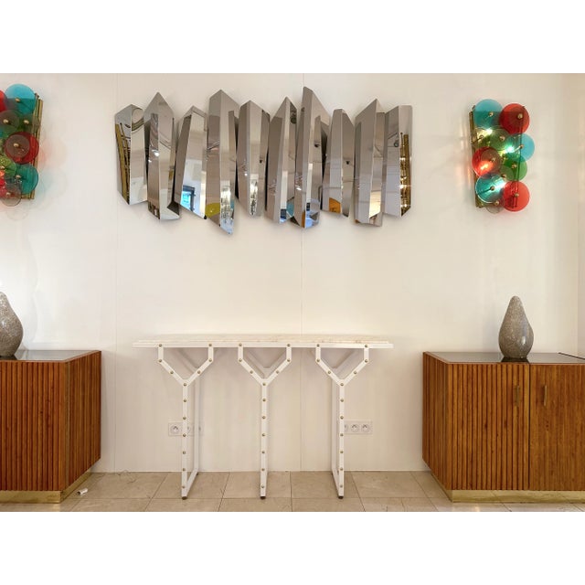 Contemporary Console Table Y White Lacquered Metal Brass and Marble. Italy For Sale - Image 11 of 12