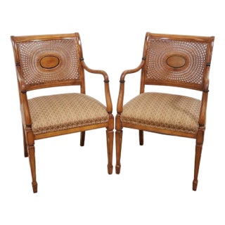 Pair of Early 20th Century Hand Painted Regency Sheraton Revival Spider Cane Armchairs For Sale