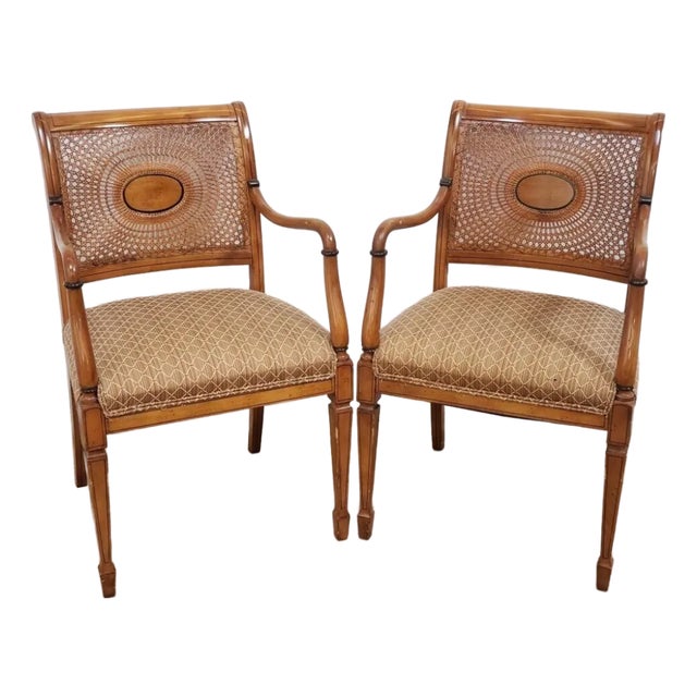 Pair of Early 20th Century Hand Painted Regency Sheraton Revival Spider Cane Armchairs For Sale