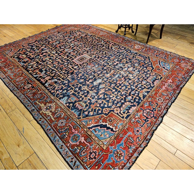Textile 19th Century Persian Heriz Serapi Rug, Hand-Knotted Wool, Allover Geometric Pattern, Blue & Red, 8x11 For Sale - Image 7 of 18