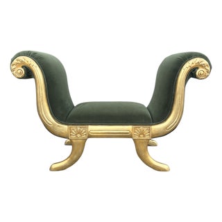Vintage Hollywood Regency Neoclassical Giltwood Scroll-Arm Bench in Green Velvet For Sale