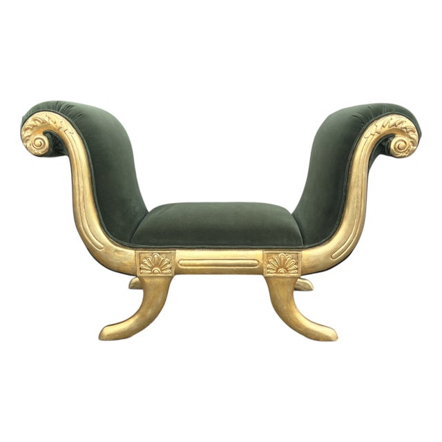 Vintage Hollywood Regency Neoclassical Giltwood Scroll-Arm Bench in Green Velvet For Sale
