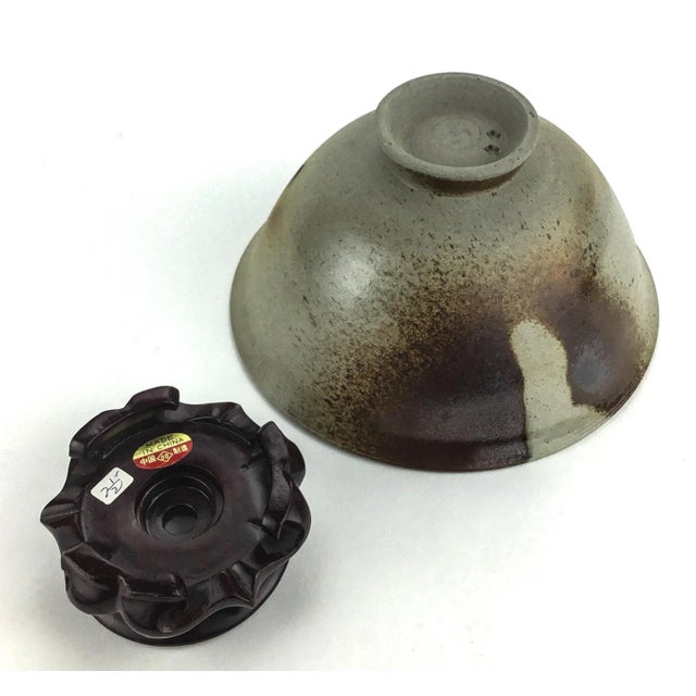 Vintage Japanese Artisan Clay Bowl With Rosewood Stand For Sale - Image 9 of 13