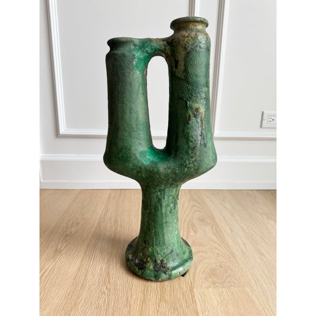 1970s Large and Very Heavy 21" Brutalist Studio Pottery Vase - Green Fat Lava Glaze For Sale - Image 4 of 8