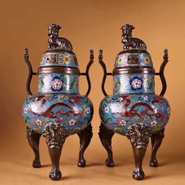 Traditional Late 20th Century Pair of Cloisonné Enamel Dragon Censers With Guardian Lion Finials For Sale - Image 3 of 9