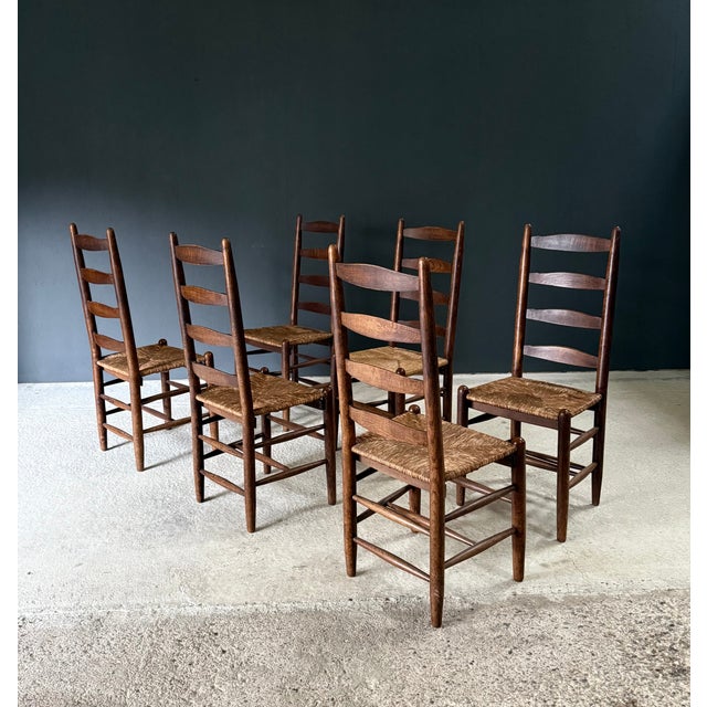 Rustic Rustic High Ladder Back Oak and Rush Dining Chairs, Belgium, 1950s, Set of 6 For Sale - Image 3 of 18