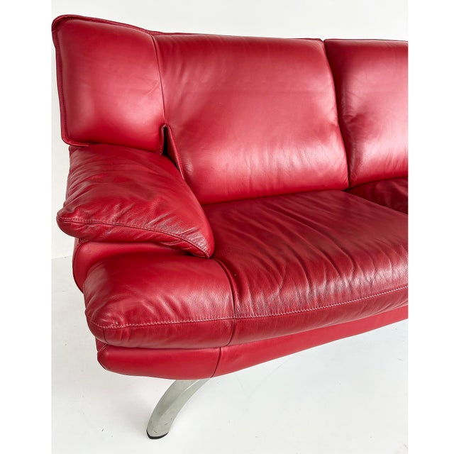 Metal Contemporary Italian Red Leather Loveseat, Metal Legs For Sale - Image 7 of 8