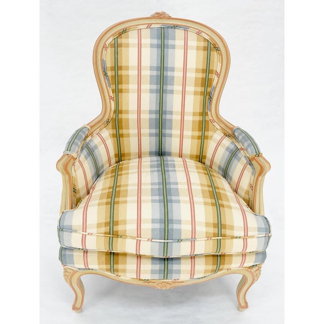 Funky Upholstery Painted & Carved Frame French Ballon Back Arm Lounge Chair MINT For Sale - Image 9 of 16