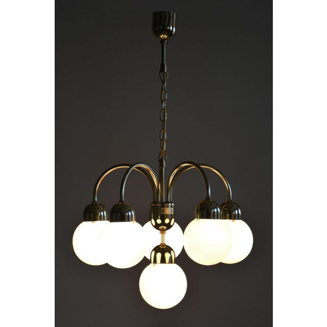 Mid-Century Chandelier in Brass and Opaline Glass, Czech, 1950s For Sale - Image 10 of 16