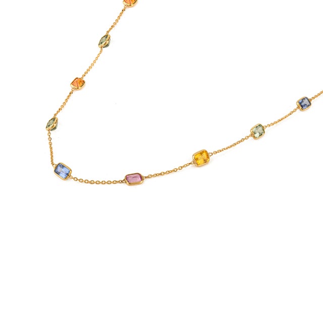 Not Yet Made - Made To Order 18k Yellow Gold 4.73 Carat Natural Multi-Color Sapphire Bezel Station Necklace For Sale - Image 5 of 13