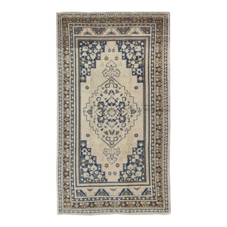 Vintage Turkish Oushak Rug With Medium Blue, Brown and Cream Colors For Sale