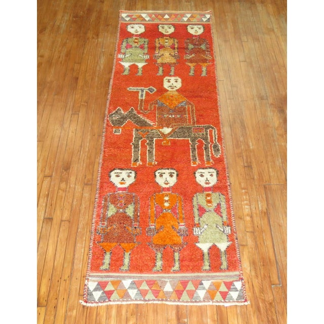 Zabihi Collection Pictorial Human Horse Vintage South Persian Runner For Sale In New York - Image 6 of 6